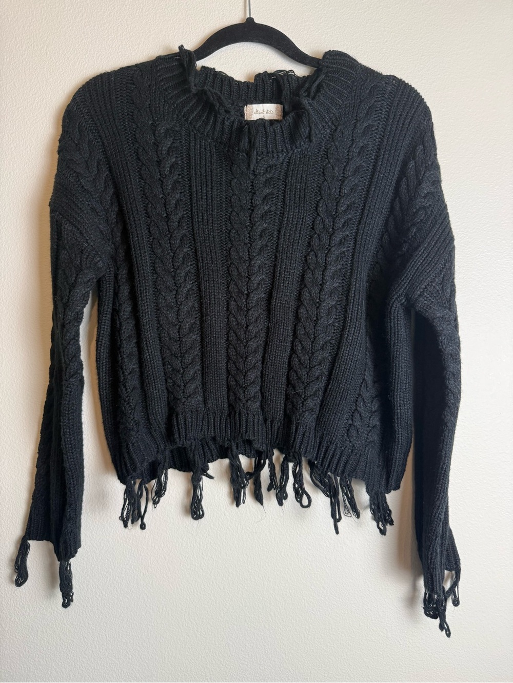Altar'd State Black Cable Knit Fringe Crew Sweater